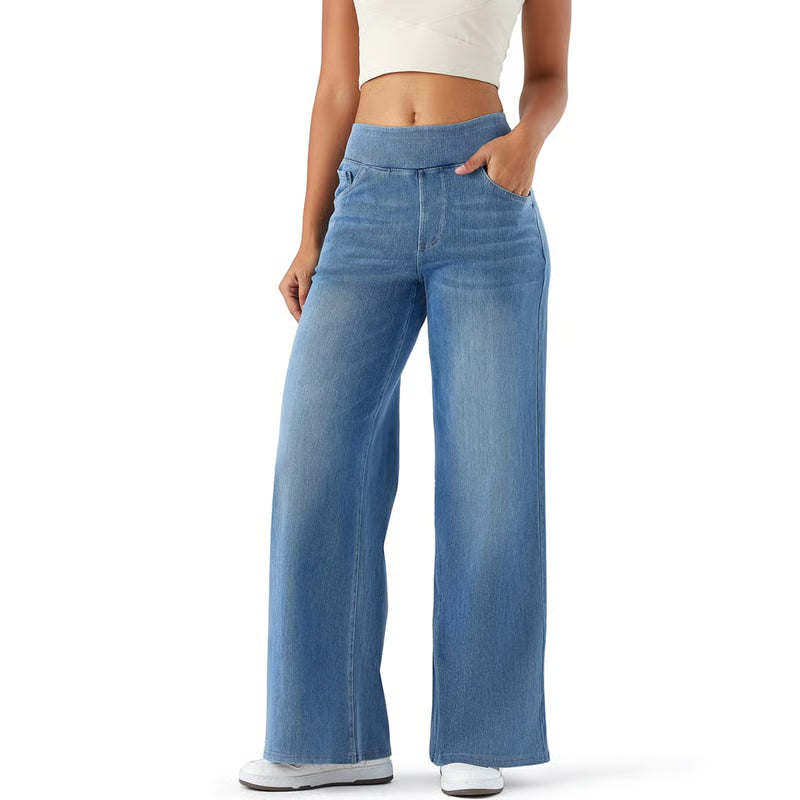 🔥Buy one get one free🔥 Women's High-Waisted Washed Baggy Wide-Leg Stretchy Knit Jeans with Multiple Pockets