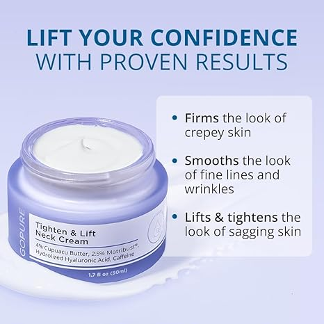 GoPure Tighten & Lift Neck & Chest Moisturizer Cream for Visibly Firming, Tightening and Lifting Wrinkles & Crepey Skin, 1.7oz
