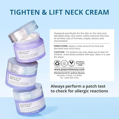 GoPure Tighten & Lift Neck & Chest Moisturizer Cream for Visibly Firming, Tightening and Lifting Wrinkles & Crepey Skin, 1.7oz