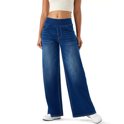 🔥Buy one get one free🔥 Women's High-Waisted Washed Baggy Wide-Leg Stretchy Knit Jeans with Multiple Pockets
